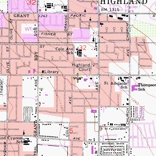 Topographic Map of Highland Branch San Bernardino County Library, CA