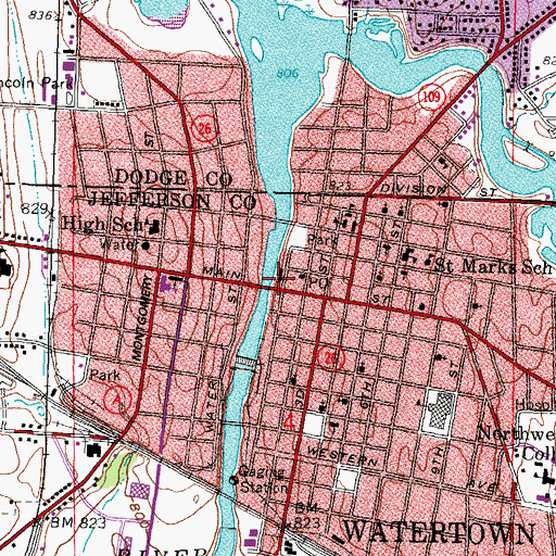 Topographic Map of Watertown City Hall, WI