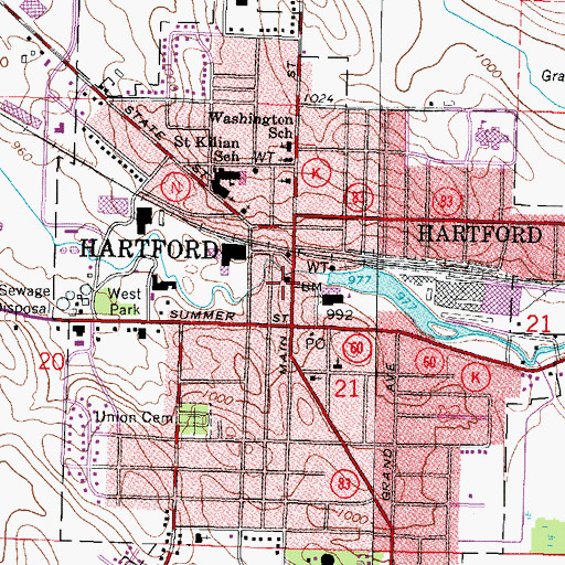 Topographic Map of Hartford Public Library, WI