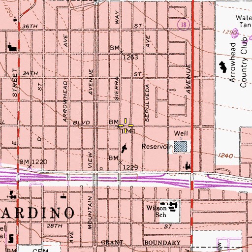 Topographic Map of Rowe Branch San Bernardino Public Library, CA