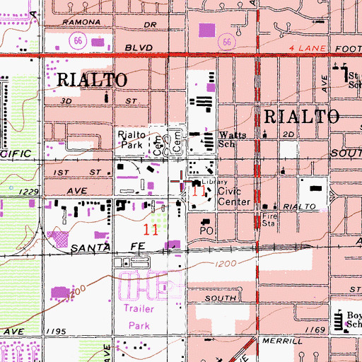 Topographic Map of Rialto Branch San Bernardino County Library, CA