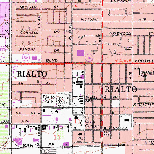 Topographic Map of Rialto Middle School, CA