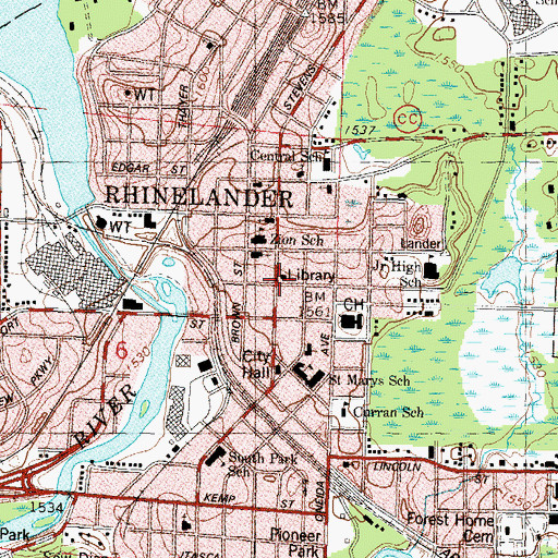 Topographic Map of Rhinelander District Library, WI