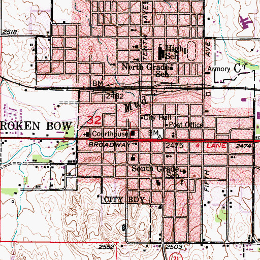 Topographic Map of Broken Bow Historical Marker, NE