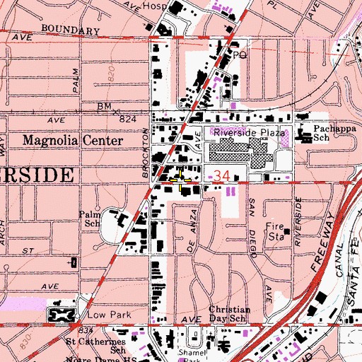 Topographic Map of Marcy Branch Riverside City and County Public Library, CA