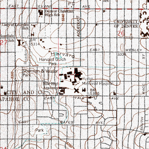 Topographic Map of Porter Adventist Hospital, CO