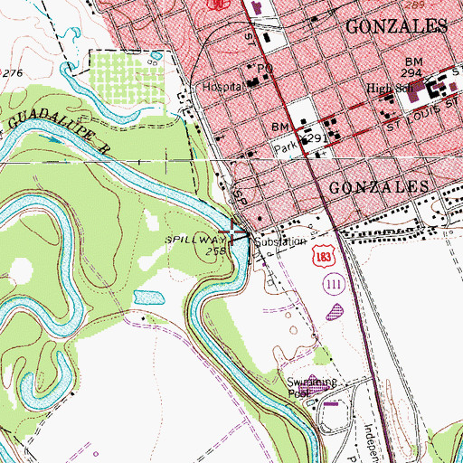 Topographic Map of Gonzales Dam, TX