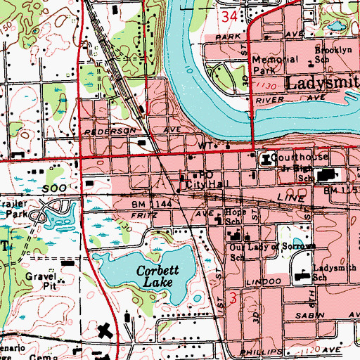 Topographic Map of Ladysmith City Hall, WI