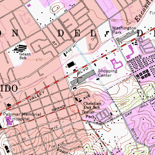 Topographic Map of Escondido Village Mall Shopping Center, CA