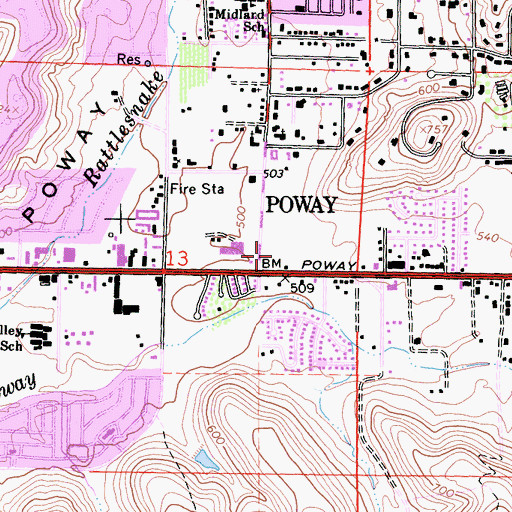 Topographic Map of Poway Square Shopping Center, CA