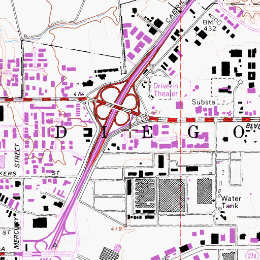 Topographic Map of Kearny Villa Square Shopping Center, CA