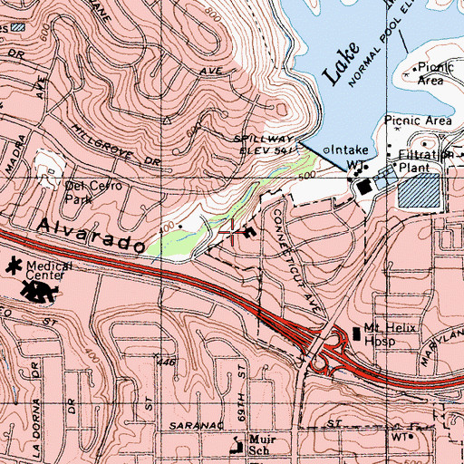 Topographic Map of Del Cerro Baptist Church, CA