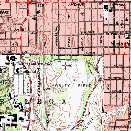 Topographic Map of Morley Field Sports Complex, CA