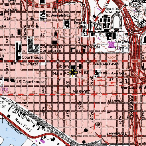 Topographic Map of Main Branch San Diego Post Office, CA