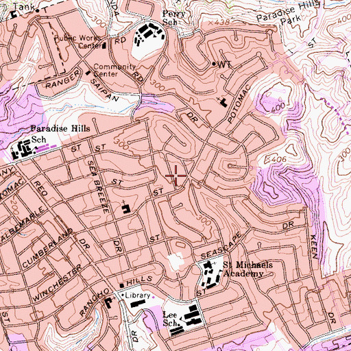 Topographic Map of Paradise Hills, CA