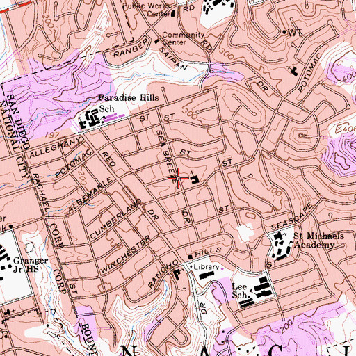 Topographic Map of Paradise Hills Southern Baptist Church, CA