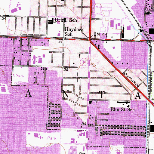 Topographic Map of Oxnard Seventh Day Adventist Church, CA