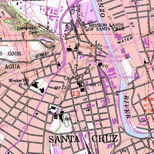 Topographic Map of Central Branch Santa Cruz City-County Library, CA