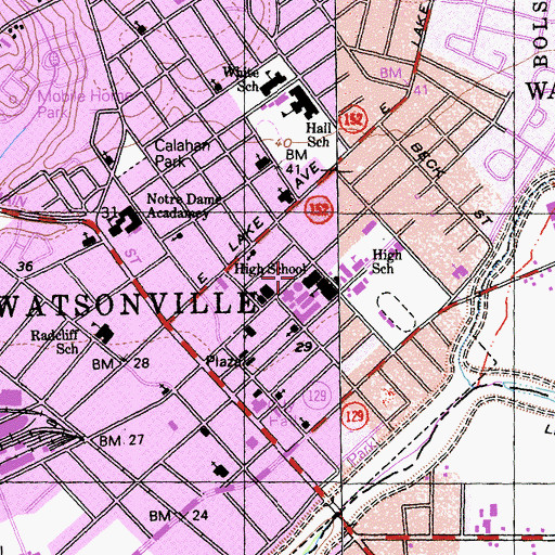 Topographic Map of Watsonville High School, CA