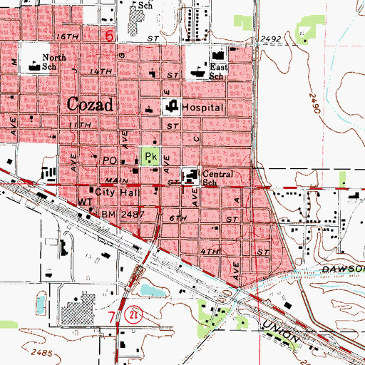 Topographic Map of Cozad Middle School, NE