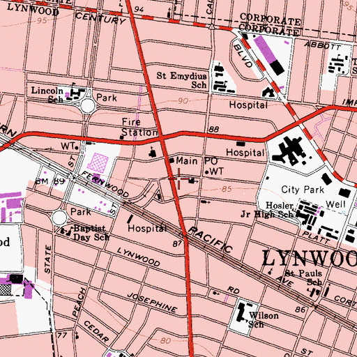 Topographic Map of First Christian Church of Lynwood, CA