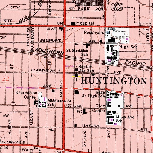 Topographic Map of First Baptist Church of Huntington Park, CA