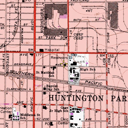 Topographic Map of First Evangelical Methodist Church of Huntington Park, CA