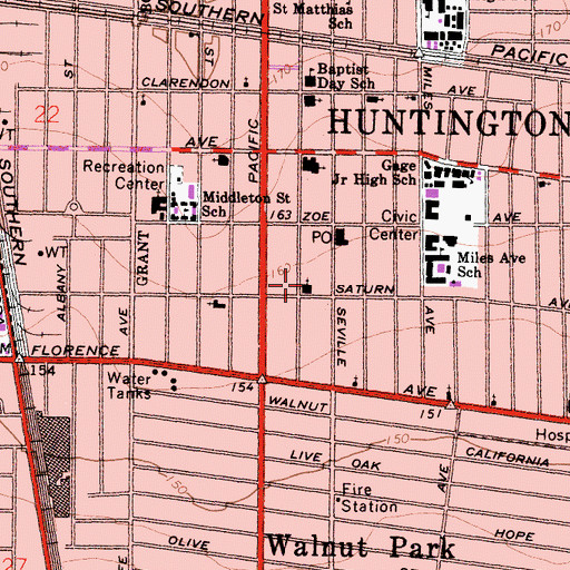 Topographic Map of Huntington Park Christian Church, CA