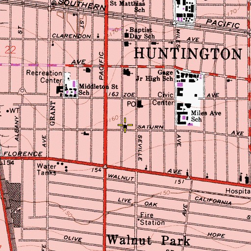 Topographic Map of Huntington Park Christian Church, CA