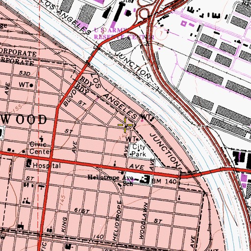Topographic Map of Maywood Community Hall, CA