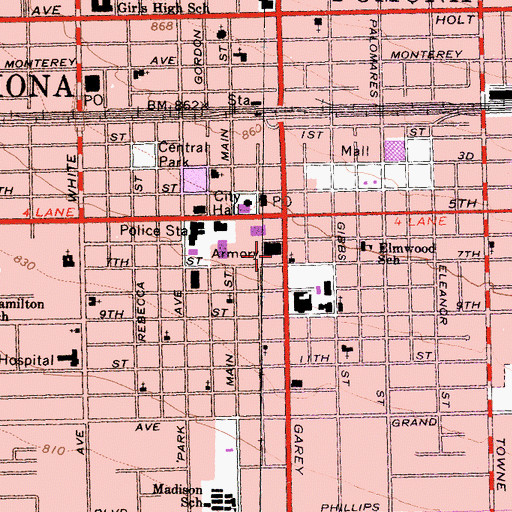 Topographic Map of Pomona Public Library, CA