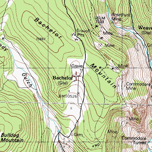 Topographic Map of Bachelor Mine, CO