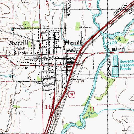 Topographic Map of Merrill Post Office, IA