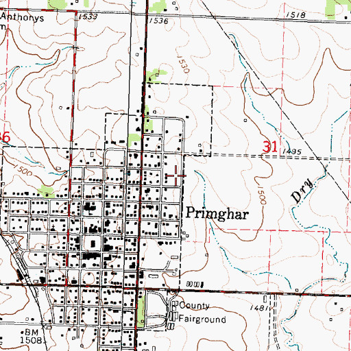 Topographic Map of United Church of Primghar, IA