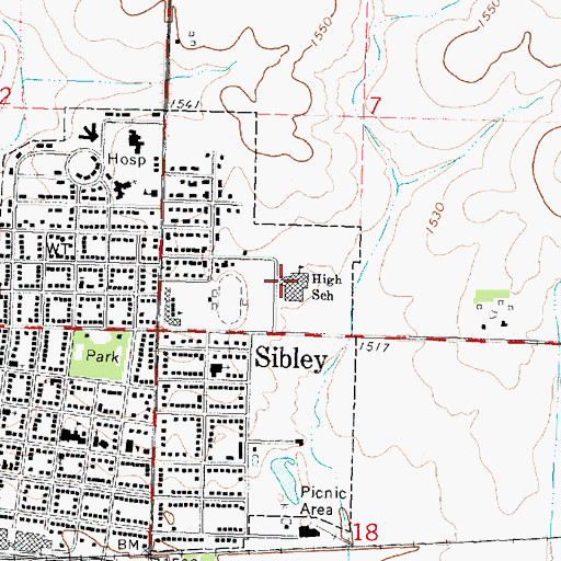 Topographic Map of Sibley - Ocheyedan High School, IA
