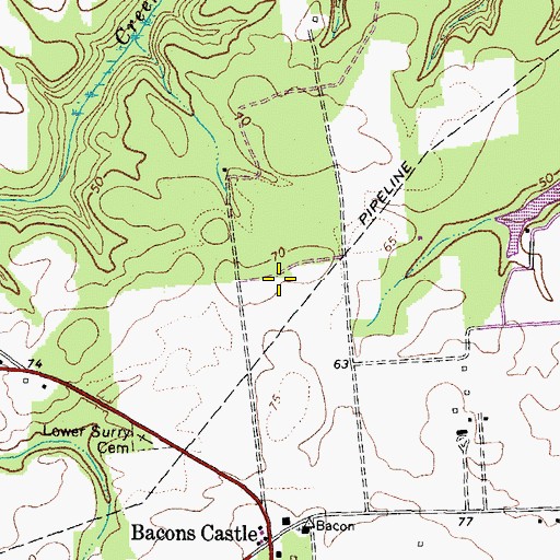 Topographic Map of Bacons Castle District, VA