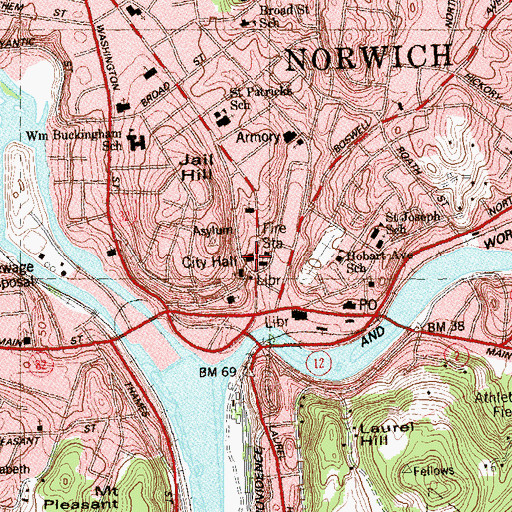 Topographic Map of Norwich City Hall, CT