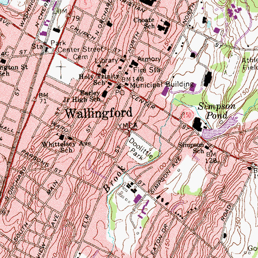 Topographic Map of Wallingford Town Hall, CT