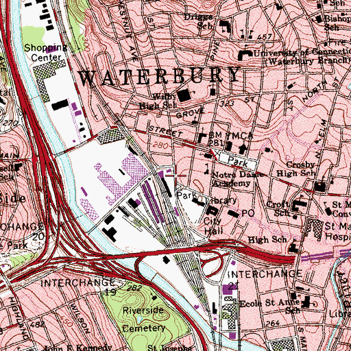 Topographic Map of Waterbury Union Station, CT