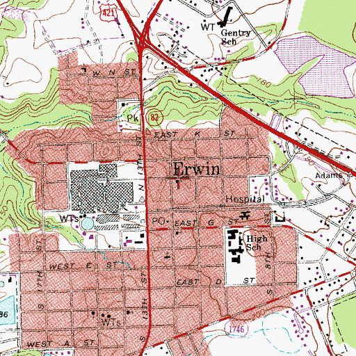 Topographic Map of Erwin Presbyterian Church, NC