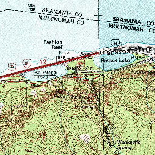Topographic Map of Wahkeena Falls Recreation Site, OR