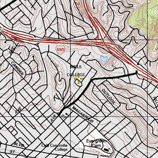 Topographic Map of Mills Hall, CA