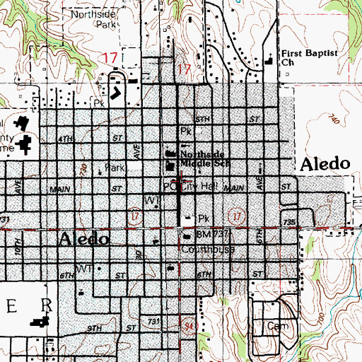 Topographic Map of Aledo City Hall, IL