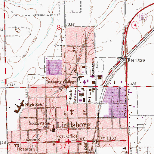 Topographic Map of Bethany College Deere Hall, KS
