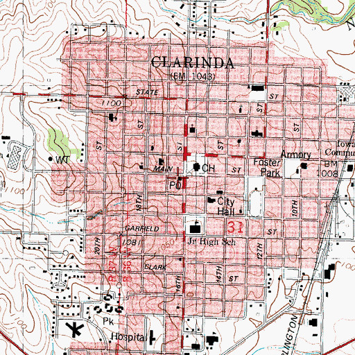 Topographic Map of Clarinda Post Office, IA