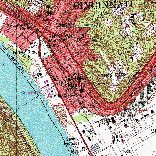 Topographic Map of Columbia Post Office (historical), OH