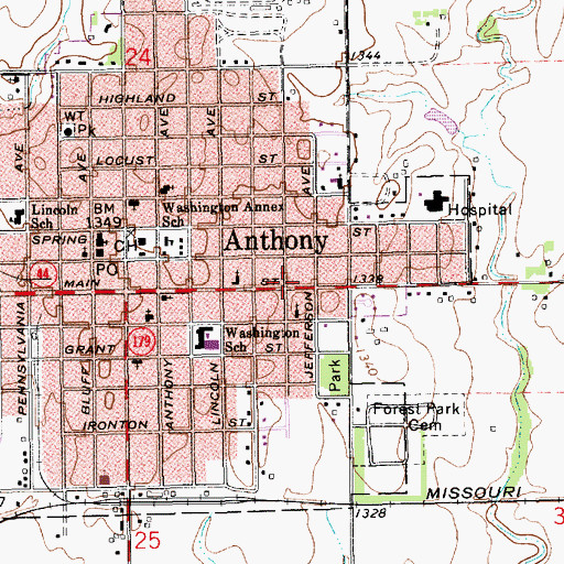 Topographic Map of Anthony Public Library, KS