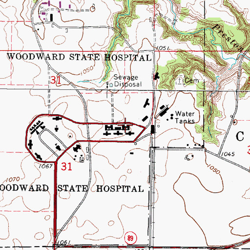 Topographic Map of Woodward Academy, IA
