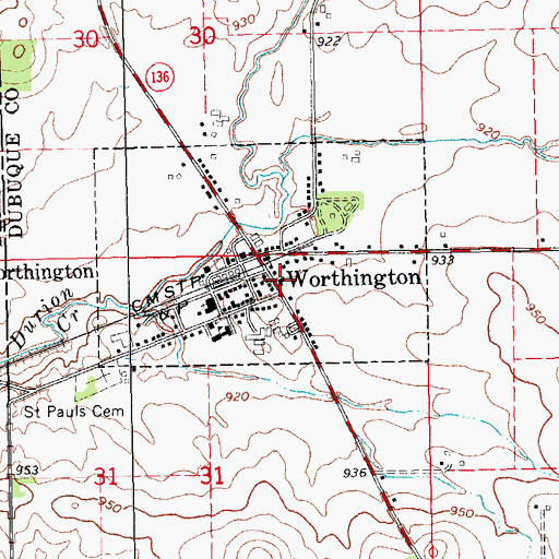 Topographic Map of Worthington Post Office, IA
