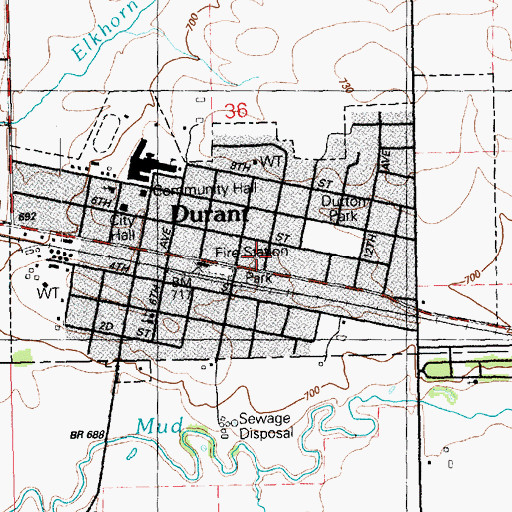 Topographic Map of Durant Post Office, IA